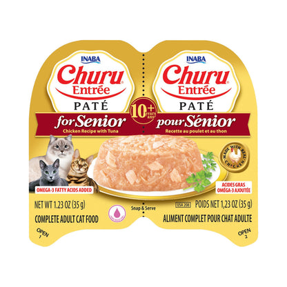 Front of Inaba Churu Entrée Chicken with Tuna Recipe paté twin-cup package for senior cats