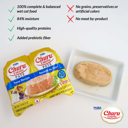 Inaba Churu Entrée paté Chicken with Tuna for Seniors Recipe product benefits graphic with plated cat food