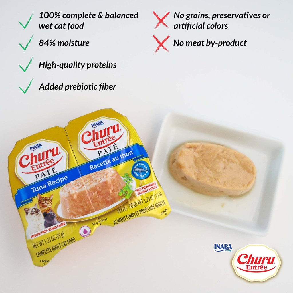 Inaba Churu Entrée paté Tuna with Bonito Flakes Recipe product benefits graphic with plated cat food