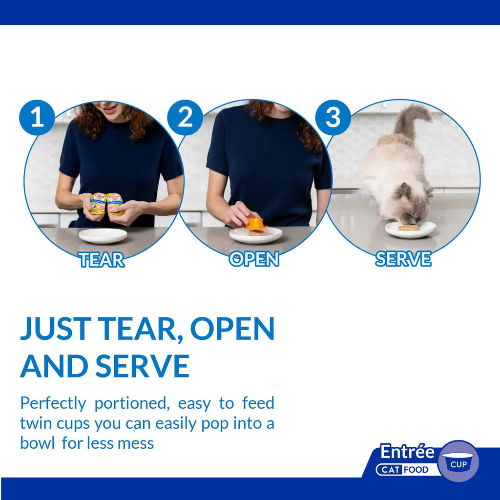 Inaba Churu Entrée twin-cup instructions showing tear, open and serve steps