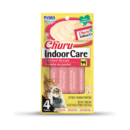 Front of Inaba Churu Indoor Care Chicken Recipe cat treats four-pack package