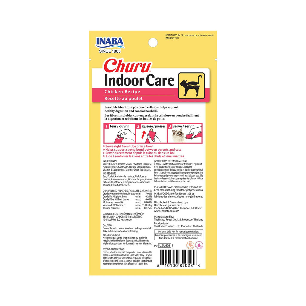 Back of Inaba Churu Indoor Care Chicken Recipe package showing ingredients and feeding directions