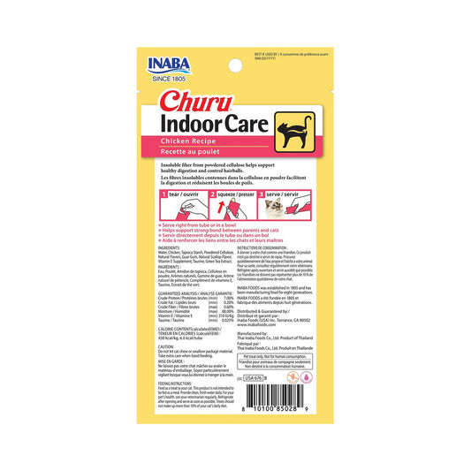 Back of Inaba Churu Indoor Care Chicken Recipe package showing ingredients and feeding directions