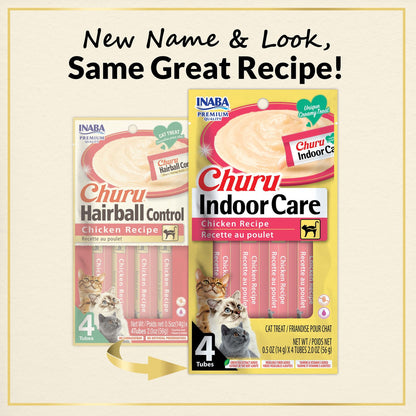 Inaba Churu packaging comparison showing the change from Hairball Control to Indoor Care
