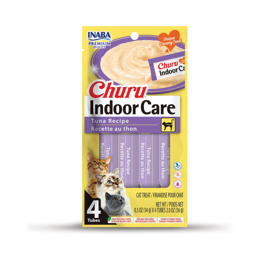 Front of Inaba Churu Indoor Care Tuna Recipe cat treats four-pack package