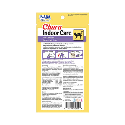 Back of Inaba Churu Indoor Care Tuna Recipe package showing ingredients and feeding directions