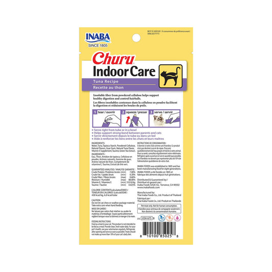 Back of Inaba Churu Indoor Care Tuna Recipe package showing ingredients and feeding directions