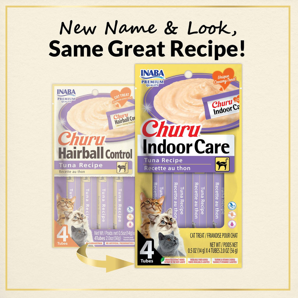 Inaba Churu packaging comparison showing the change from Hairball Control to Indoor Care