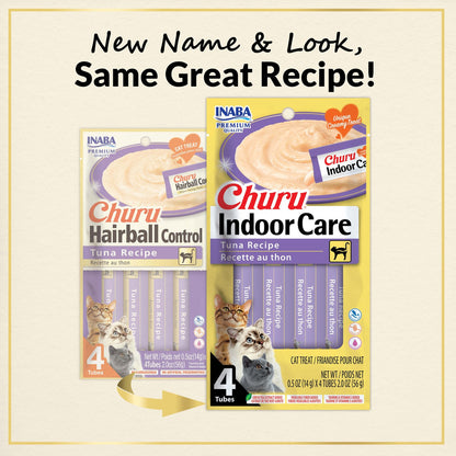 Inaba Churu packaging comparison showing the change from Hairball Control to Indoor Care