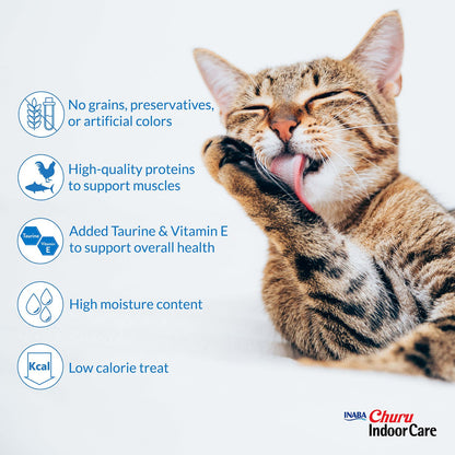 Cat grooming beside an Inaba Churu Indoor Care product benefits graphic