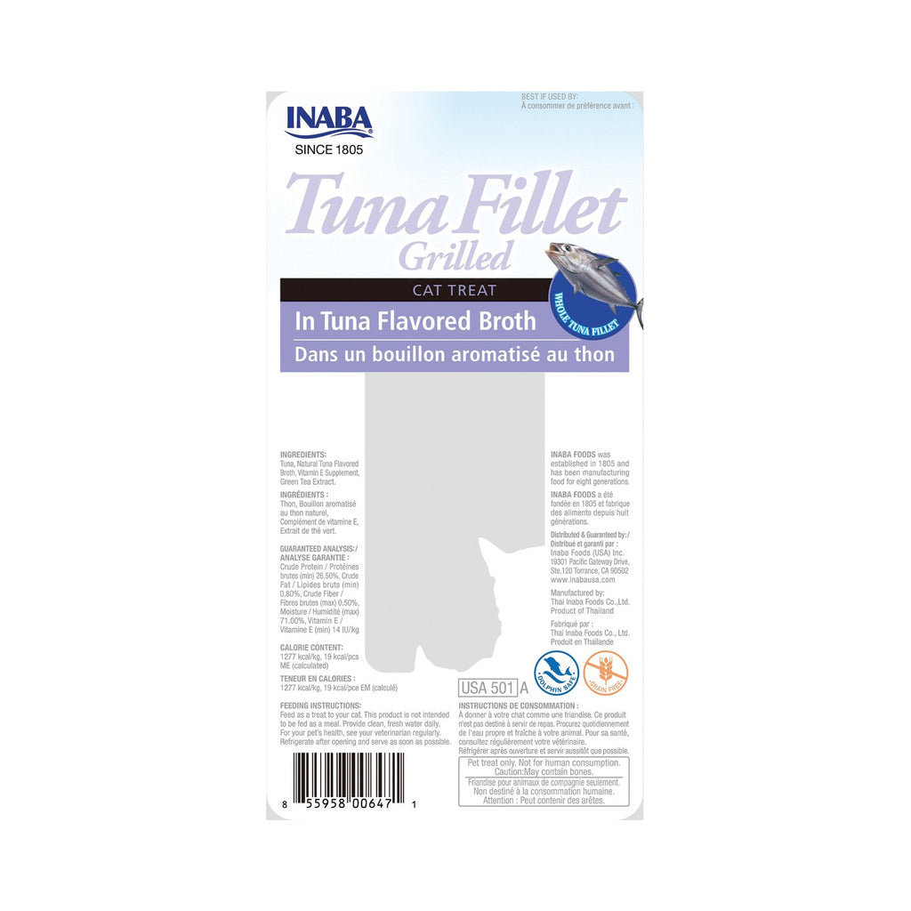 Back of Inaba Grilled Tuna Fillet in Tuna Broth package showing ingredients and feeding directions