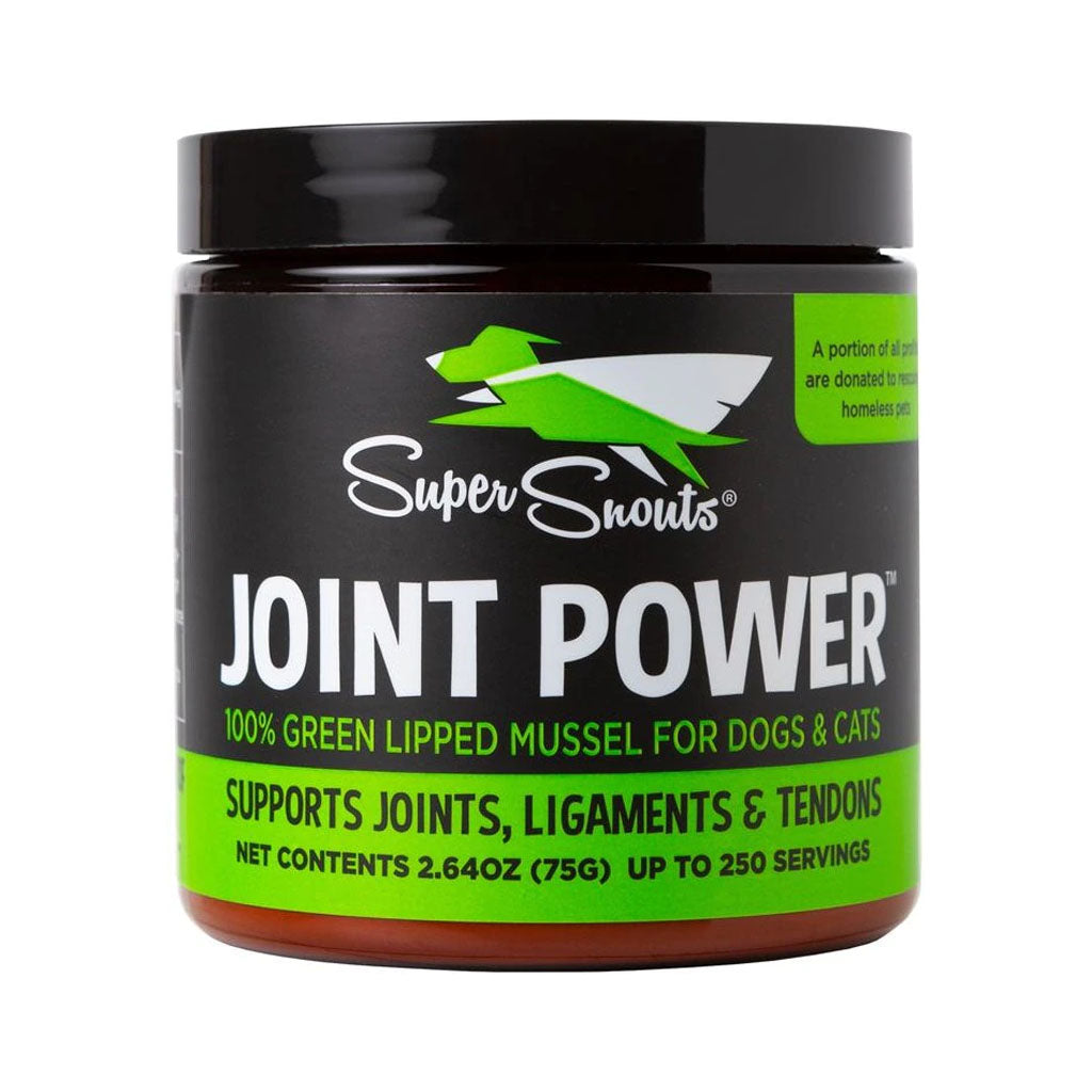 Super Snouts Joint Power 2.64 oz green-lipped mussel supplement jar with a black lid and bright green label for dogs and cats, on white.