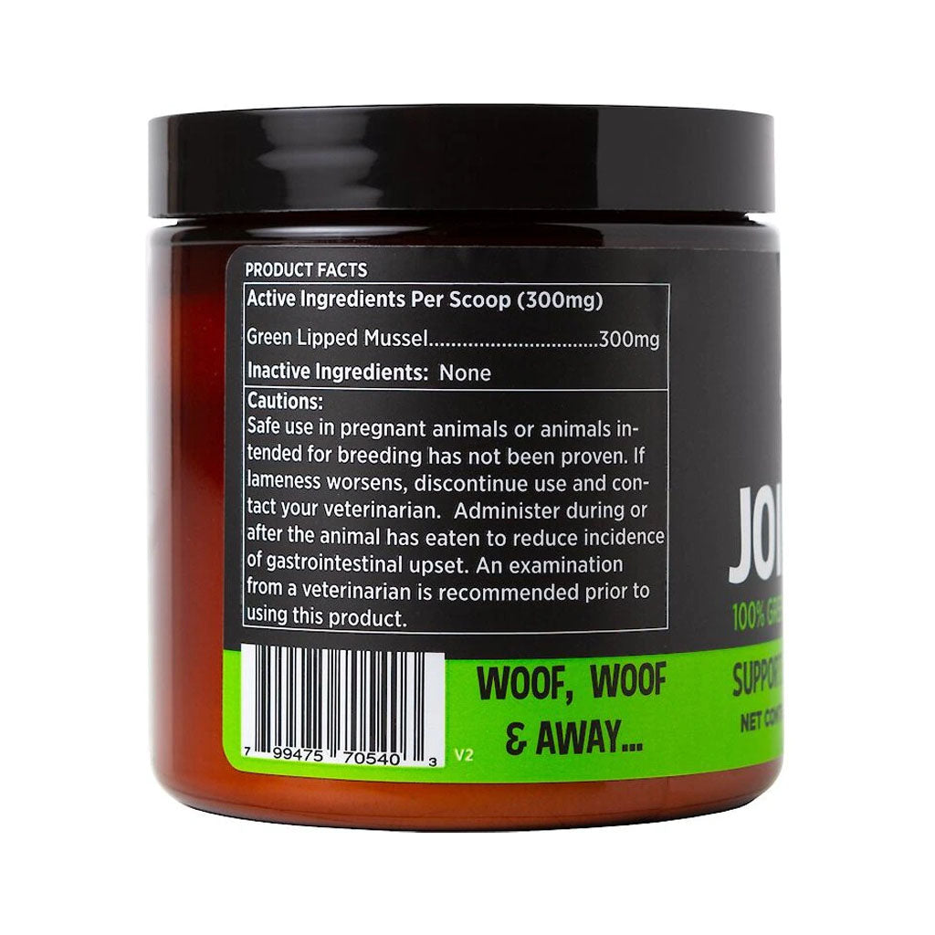 Side of the Super Snouts Joint Power jar showing green-lipped mussel product facts, cautions and barcode.