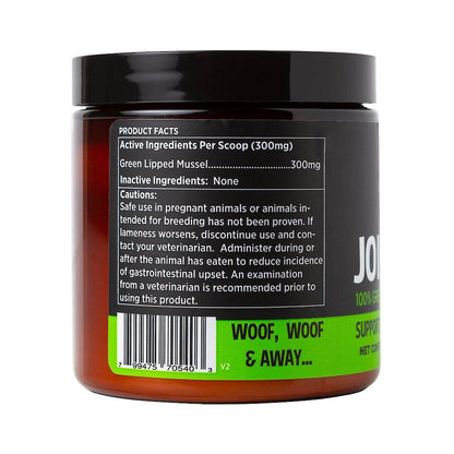Side of the Super Snouts Joint Power jar showing green-lipped mussel product facts, cautions and barcode.