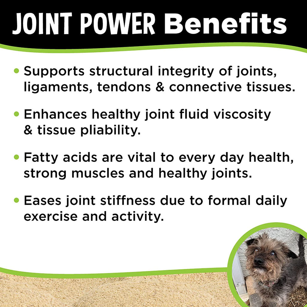 Joint Power benefits graphic listing support for joints, ligaments, tendons, joint fluid and muscle health, with a small dog photo.