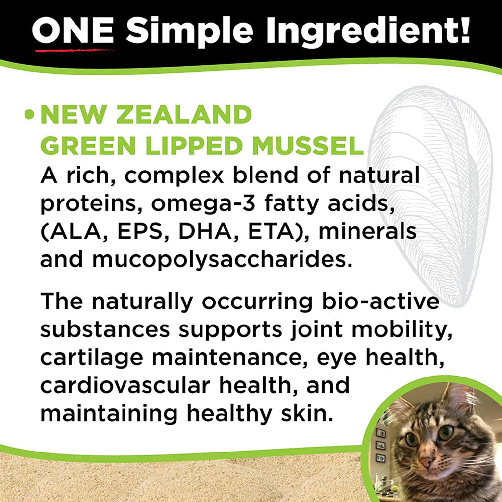 Joint Power ingredient graphic featuring New Zealand green-lipped mussel, nutrient and support information, and a tabby cat photo.
