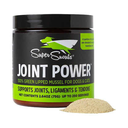 Super Snouts Joint Power green-lipped mussel supplement jar beside a mound of pale green powder, on white.