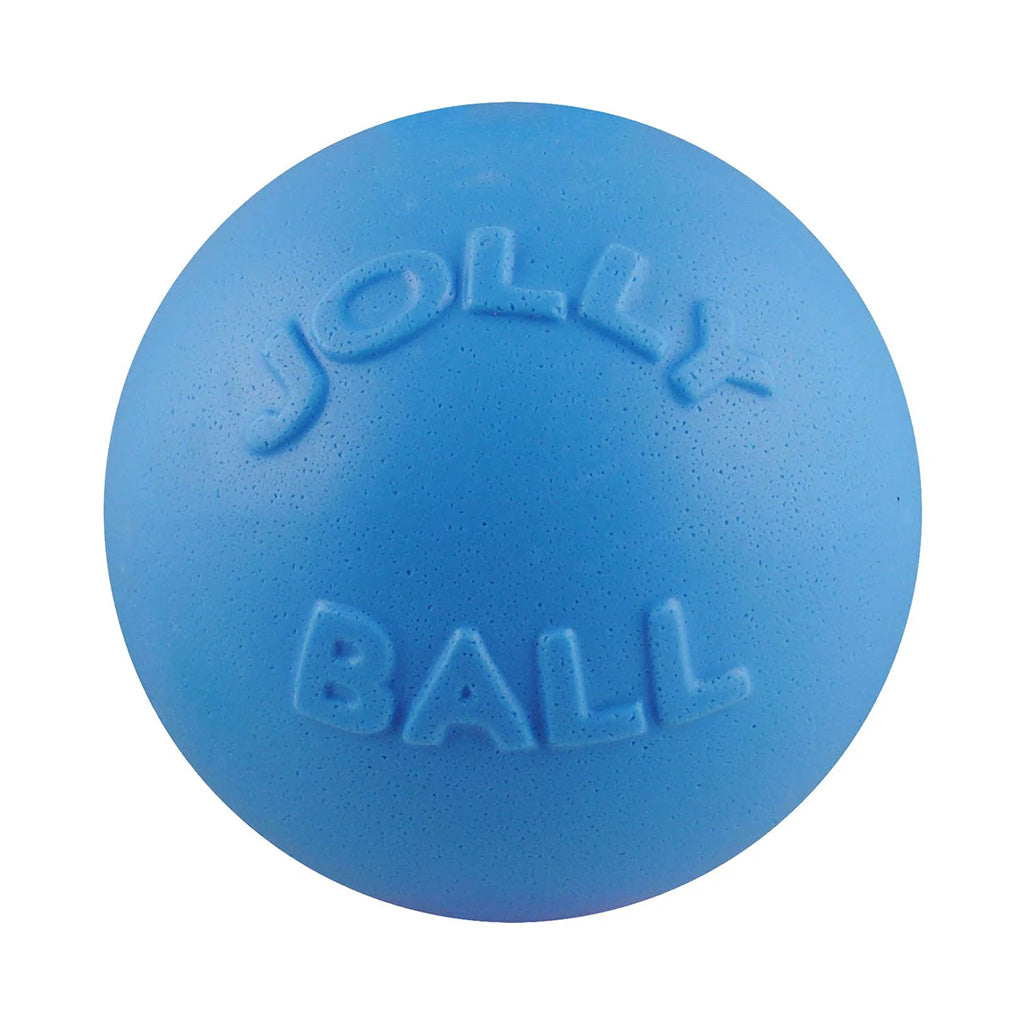Blue Jolly Pets Bounce-n-Play dog ball with raised Jolly Ball lettering on a white background