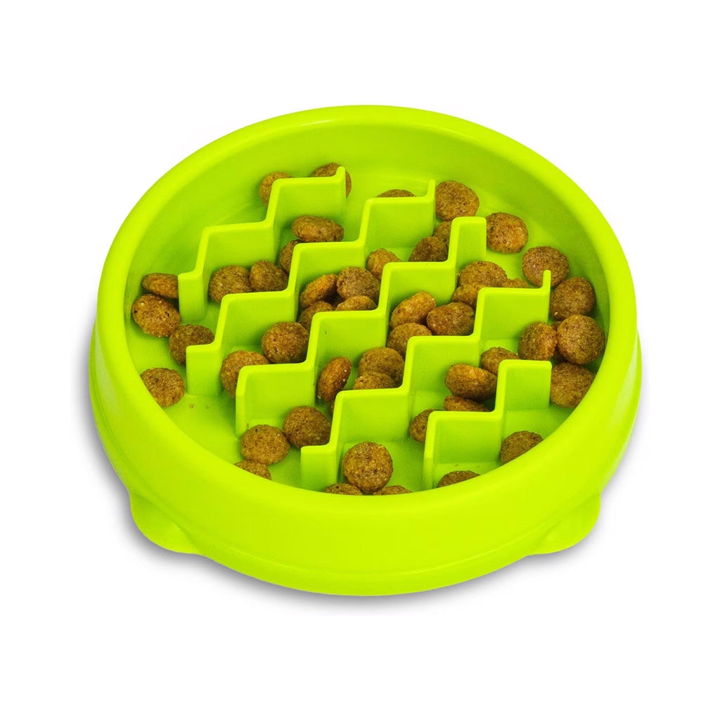Green Catstages Kitty Slow Feeder 0.75-cup bowl with raised zigzag dividers and kibble between the ridges, shown on a white background.
