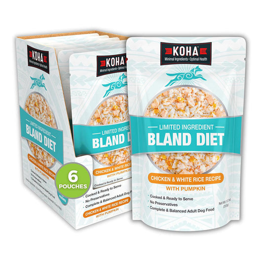 KOHA Chicken & White Rice Bland Diet wet dog food pouch beside a six-pouch case.