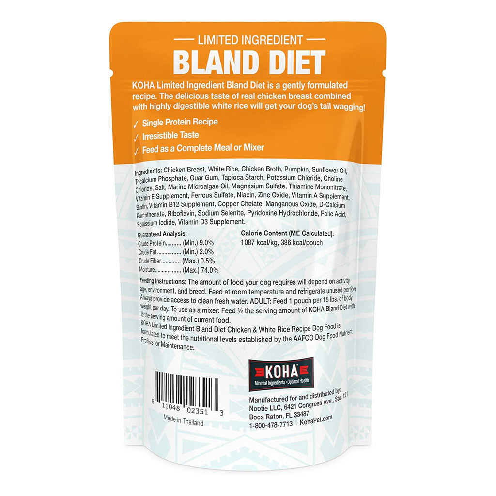 Back of KOHA Chicken & White Rice Bland Diet pouch showing ingredients, nutritional analysis, and feeding instructions.
