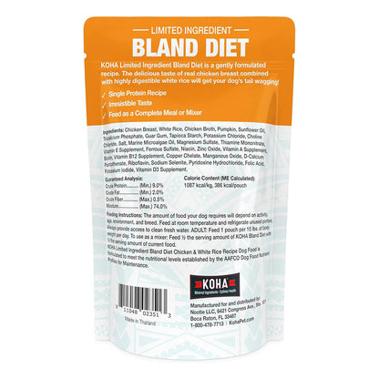 Back of KOHA Chicken & White Rice Bland Diet pouch showing ingredients, nutritional analysis, and feeding instructions.