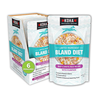 KOHA Beef & White Rice Bland Diet wet dog food pouch beside a six-pouch case.