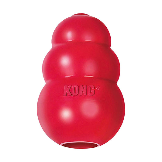 Red KONG Classic rubber dog toy with three rounded tiers and a hollow treat opening.