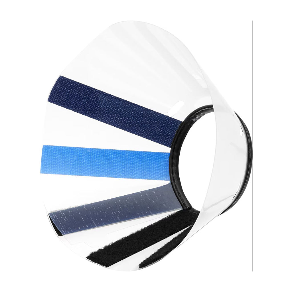 Transparent KONG EZ Clear recovery cone showing hook-and-loop fastening strips and a padded black neck edge.