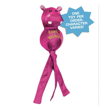 Pink hippo KONG Wubba Ballistic Friend with long fabric tails; graphic notes one toy per order and varying characters.