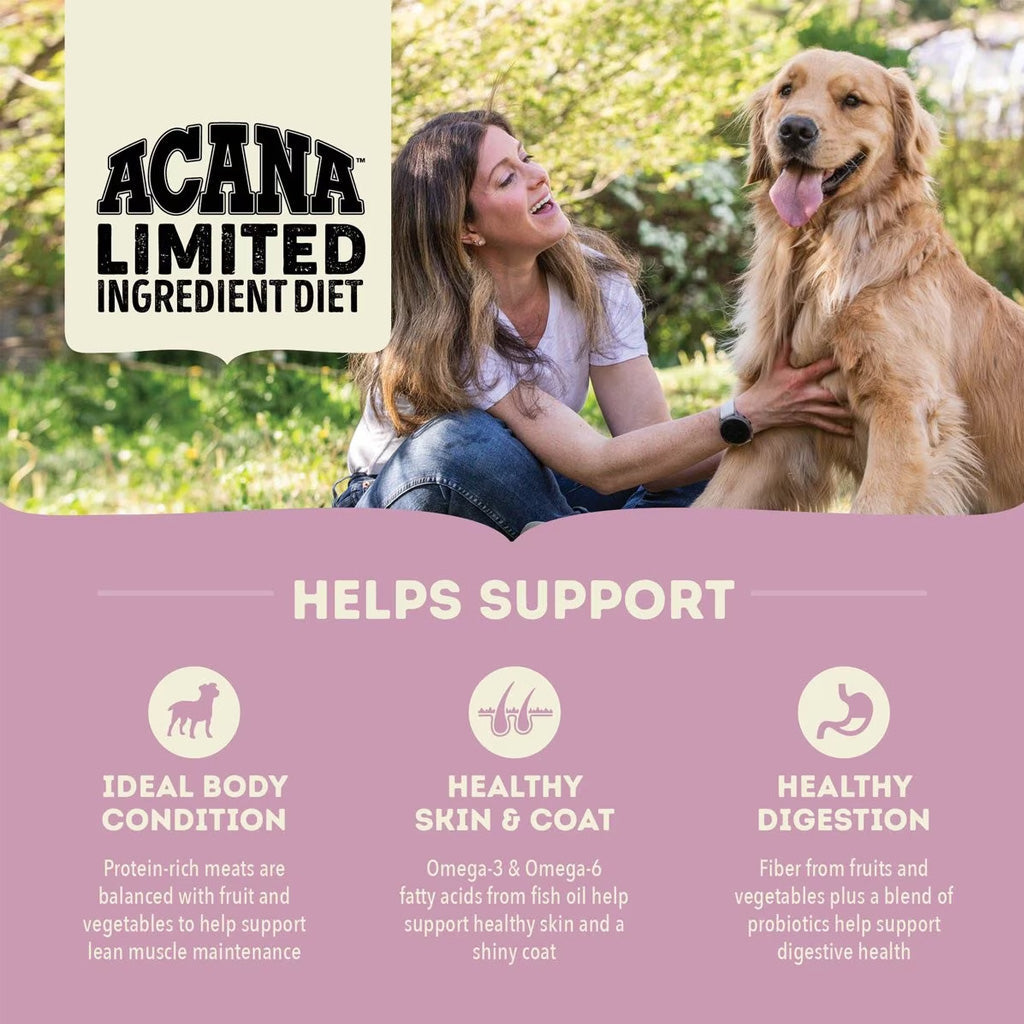 Woman petting a golden retriever outdoors; ACANA Lamb & Apple graphic highlights body condition, healthy skin and coat, and digestion.