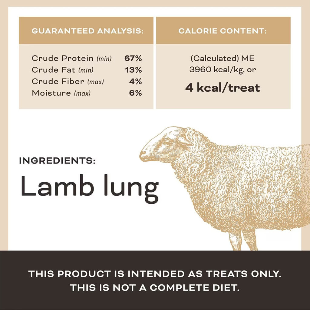 Dehydrated Lamb Lung Treats 1oz guaranteed analysis and single ingredient lamb lung. 