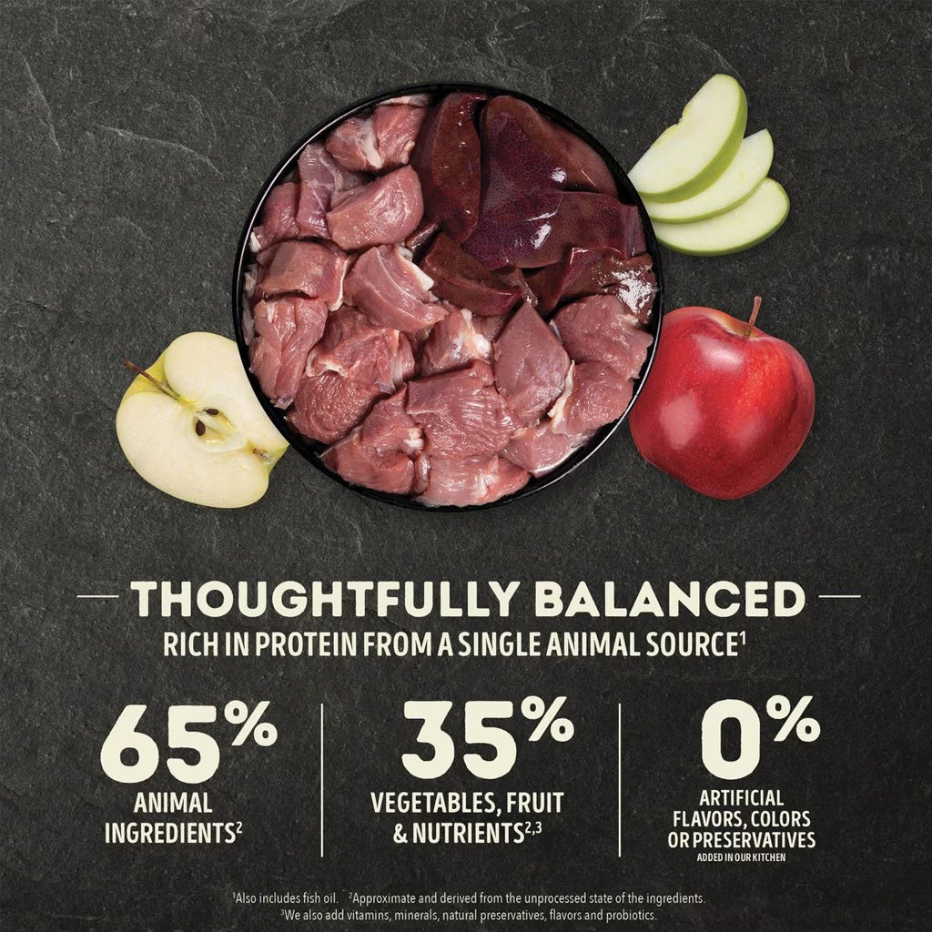 ACANA Lamb & Apple ingredient graphic with lamb meat and apples; 65% animal ingredients and 35% vegetables, fruit, and nutrients.