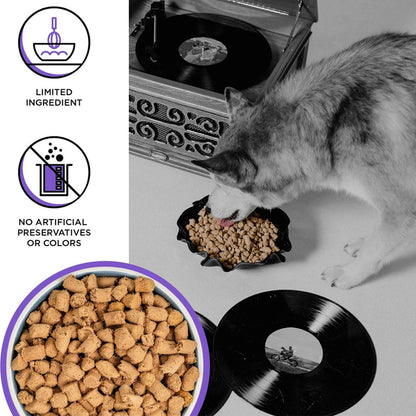 Husky eating BIXBI RAWBBLE Lamb Recipe from a bowl, with a close-up of freeze-dried pieces and limited-ingredient and no artificial preservatives or colors callouts.