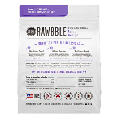Back of BIXBI RAWBBLE Lamb Recipe freeze-dried dog food bag, showing ingredients, guaranteed analysis, and food, topper, and treat uses.