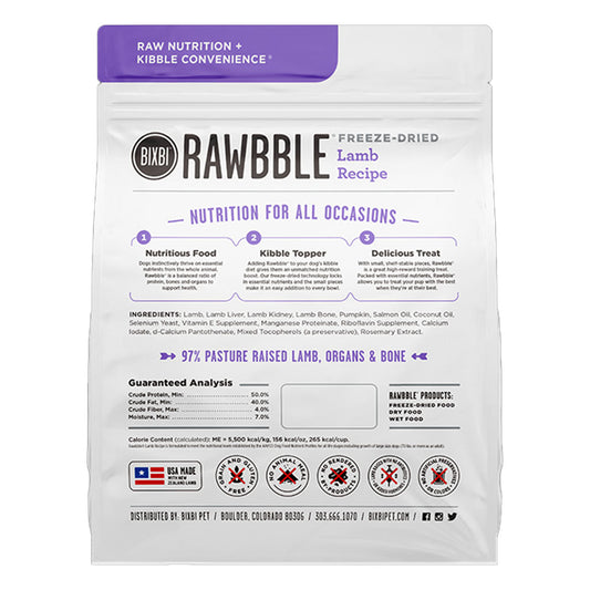 Back of BIXBI RAWBBLE Lamb Recipe freeze-dried dog food bag, showing ingredients, guaranteed analysis, and food, topper, and treat uses.