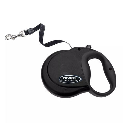 Black Coastal Pet Power Walker retractable dog leash with a curved handle, black webbing, and metal clip.