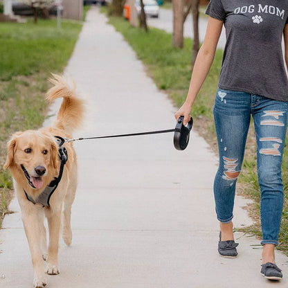 Person walking a golden retriever on a sidewalk using a black Power Walker retractable dog leash.