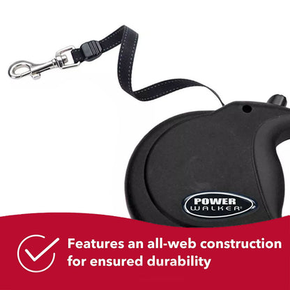 Close-up of a black Power Walker retractable dog leash and metal clip; graphic highlights its durable all-web construction.