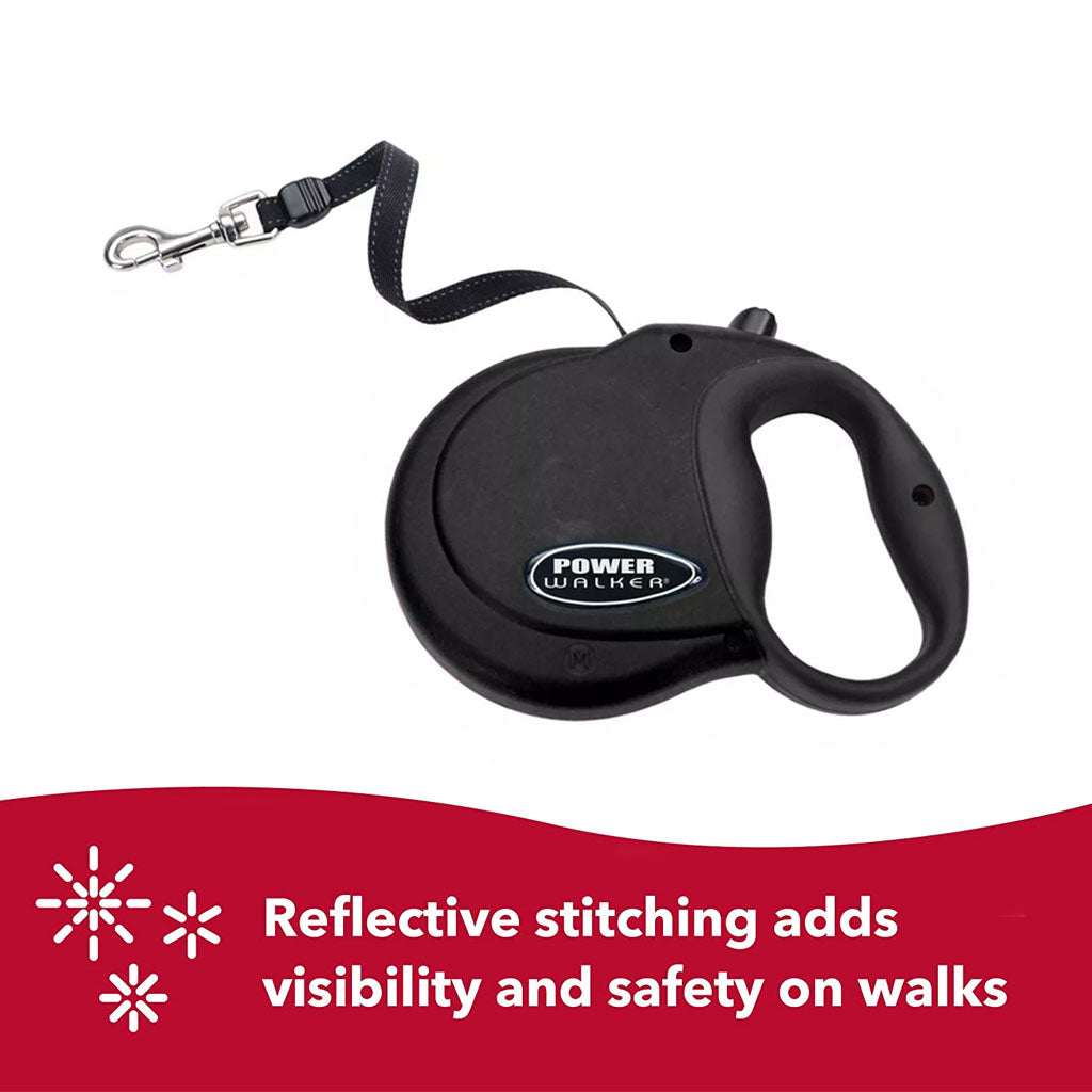 Black Power Walker retractable dog leash; graphic states that reflective stitching adds visibility and safety on walks.