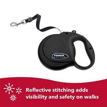 Black Power Walker retractable dog leash; graphic states that reflective stitching adds visibility and safety on walks.