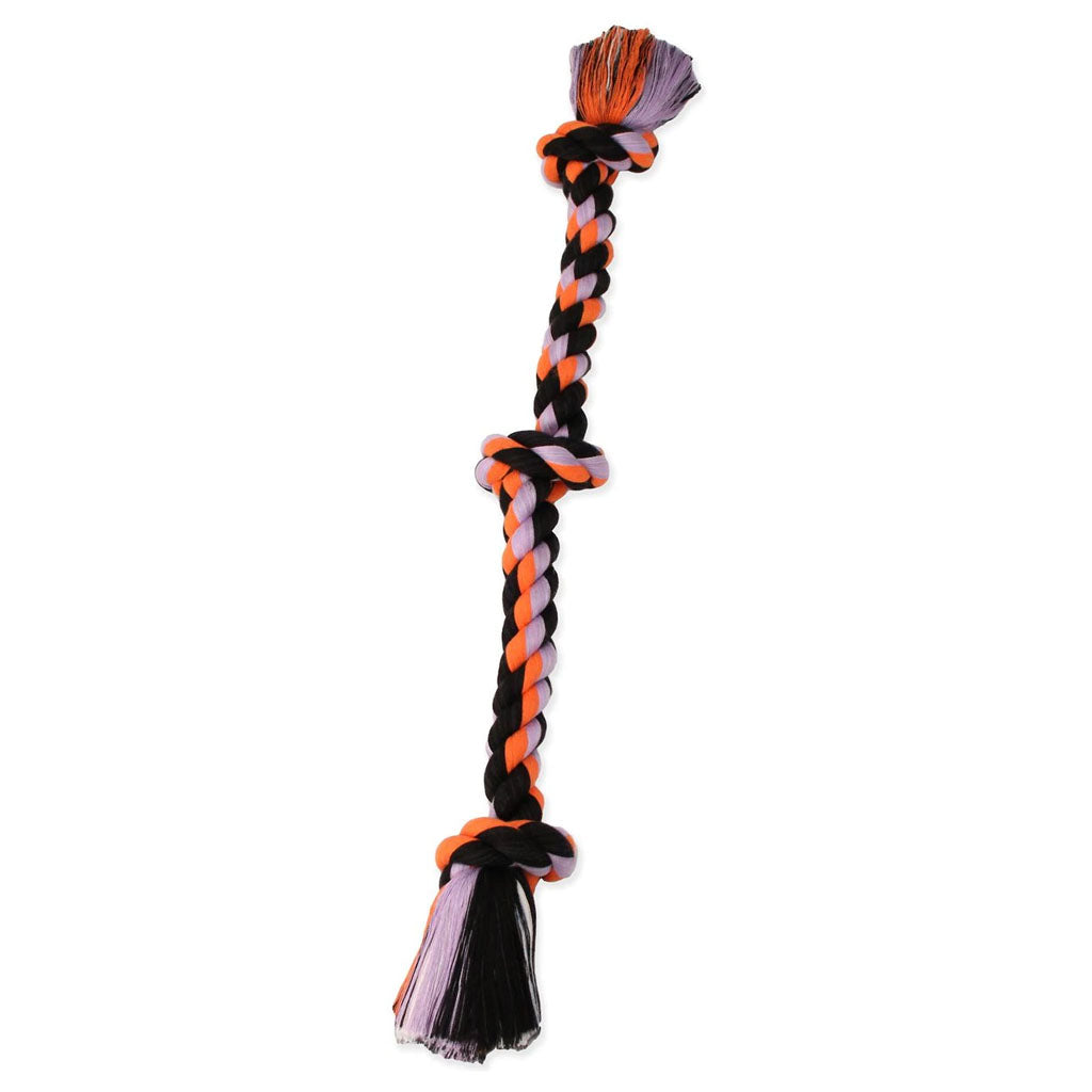 Mammoth three-knot rope dog toy braided in orange, black, and purple with tassel ends.