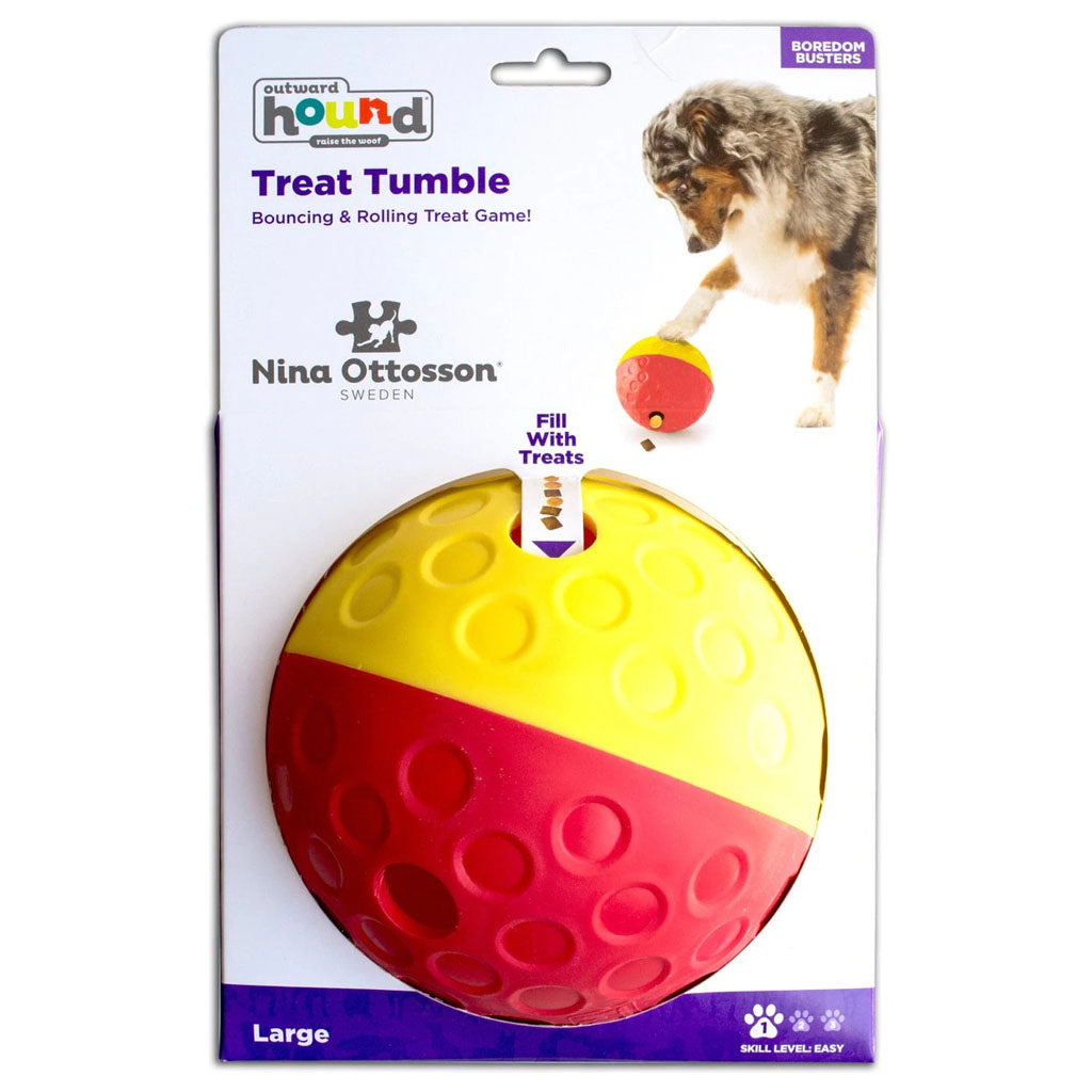 Large Outward Hound Treat Tumble ball in retail packaging, with yellow and red textured halves and Level 1 easy puzzle labeling.