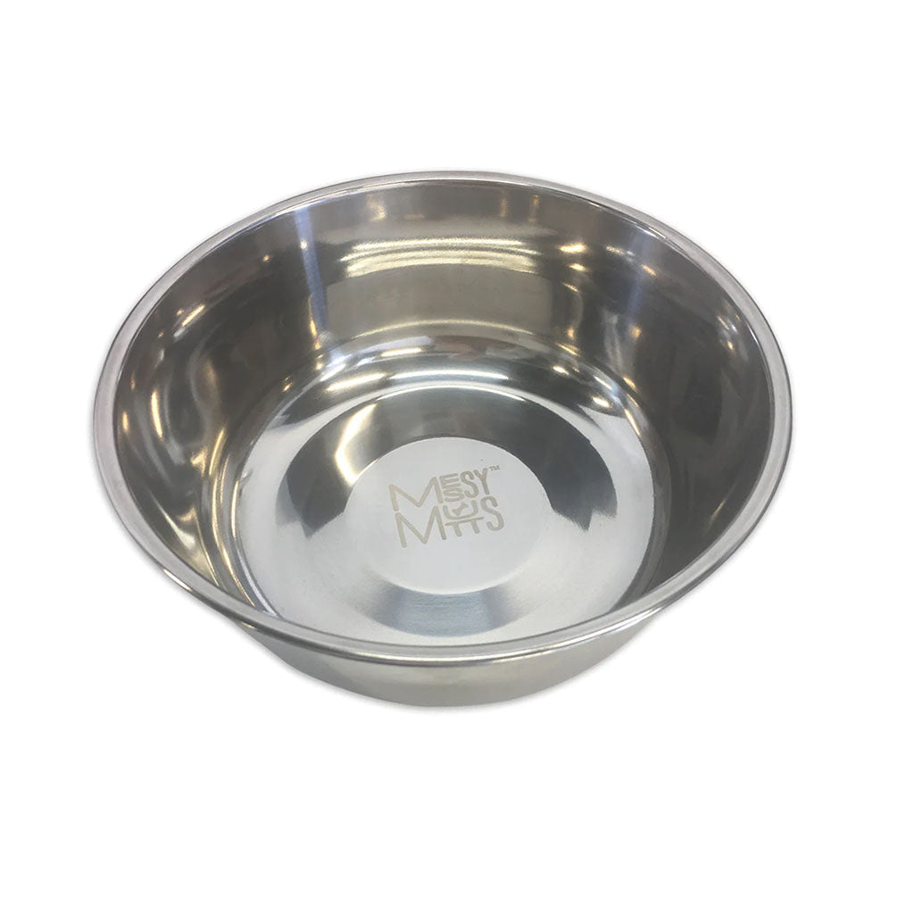 Large Messy Mutts stainless steel bowl viewed from above, showing the reflective interior and embossed logo.