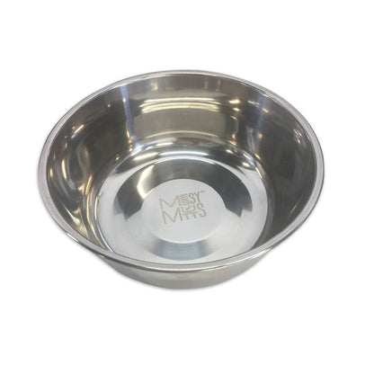 Large Messy Mutts stainless steel bowl viewed from above, showing the reflective interior and embossed logo.