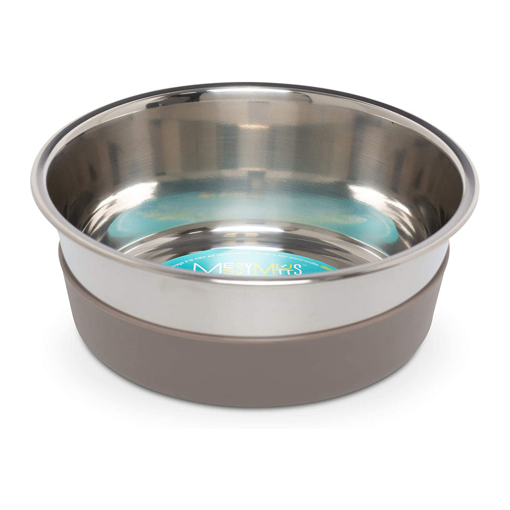 Large Messy Mutts stainless steel bowl seated in its gray removable silicone base.