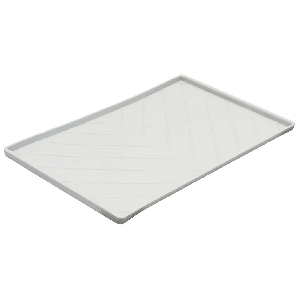 Large gray Messy Mutts silicone food mat with a raised border and chevron-patterned surface.