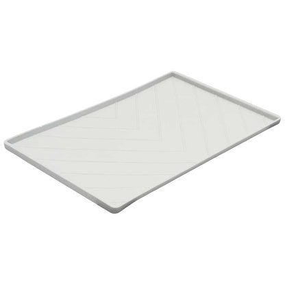 Large gray Messy Mutts silicone food mat with a raised border and chevron-patterned surface.