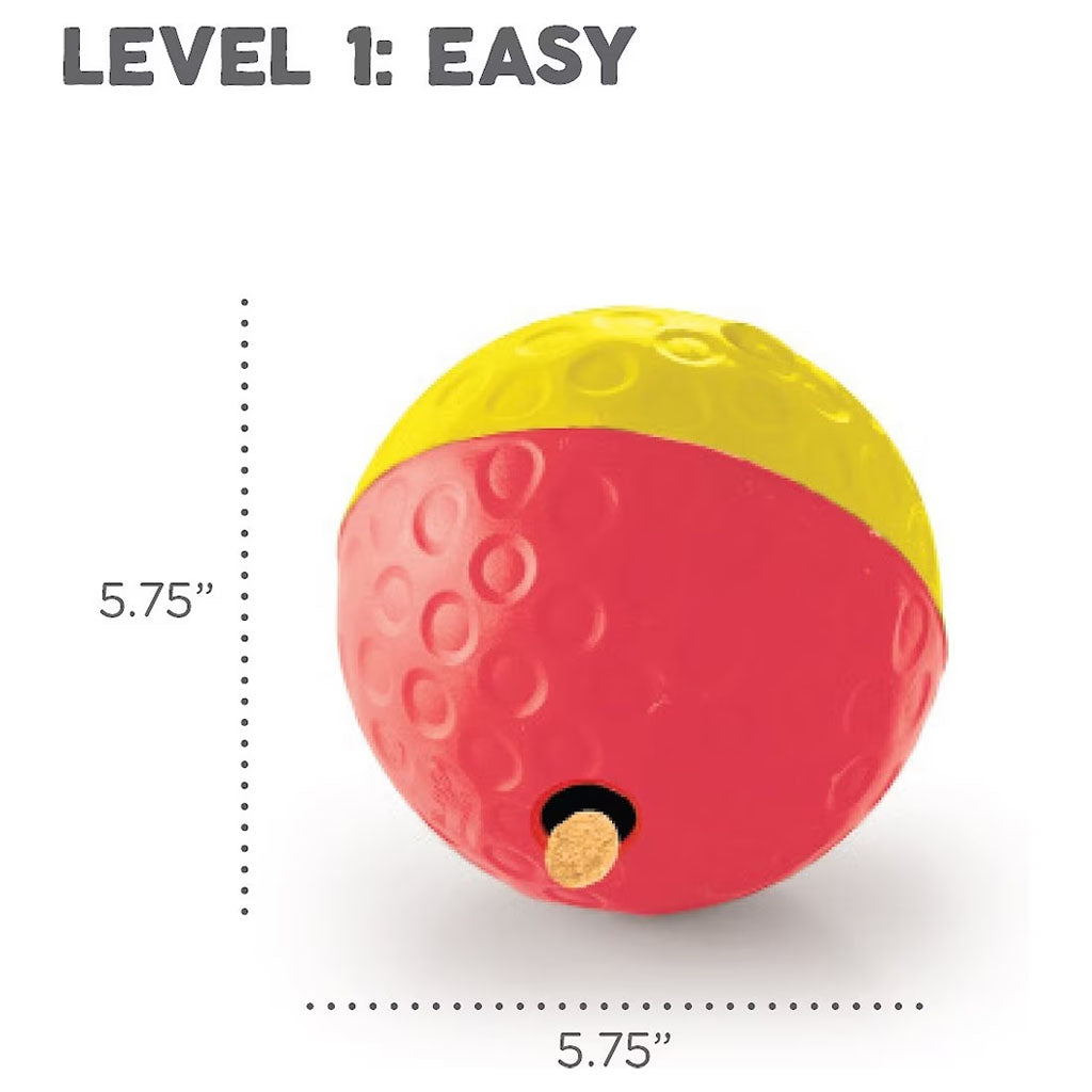 Large red and yellow Treat Tumble size guide showing a 5.75-inch ball and Level 1 easy puzzle difficulty.