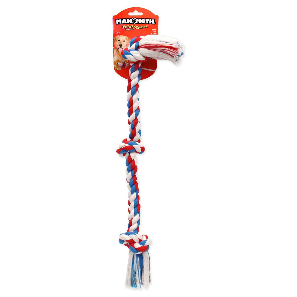 Mammoth Flossy Chews three-knot rope dog toy in red, white, and blue with its retail tag.